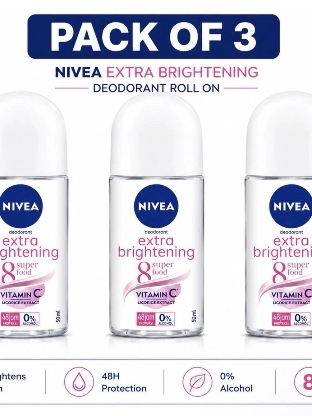 NIVEA Extra Brightening Roll On Deodorant 50ml Pack of 3 Alcohol Free